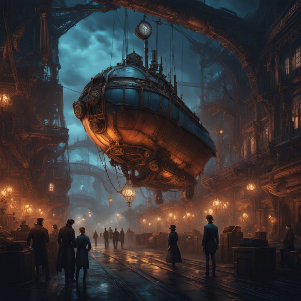 Steampunk Airship Harbor at Night