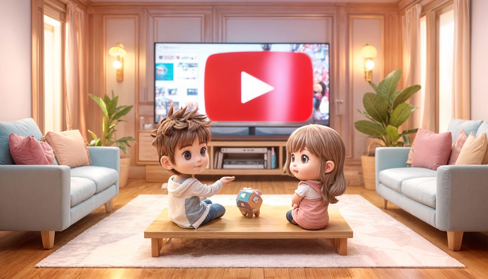 Chibi Children Watch YouTube, 3D Render