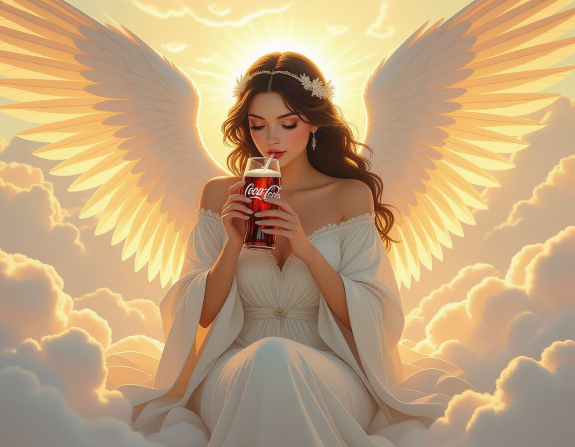 Angel Sipping Coke in Detailed Fantasy Art Style
