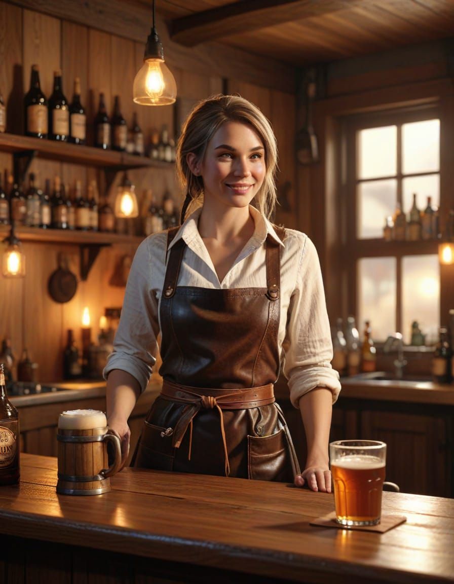 A Half-Gnome Barmaid Serves Beer in a Cozy Fantasy Tavern