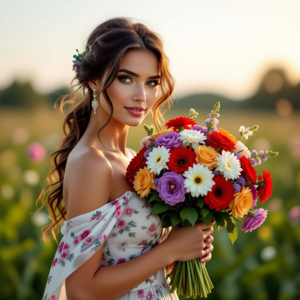 Elegant Woman with Flowers in Photorealistic Style