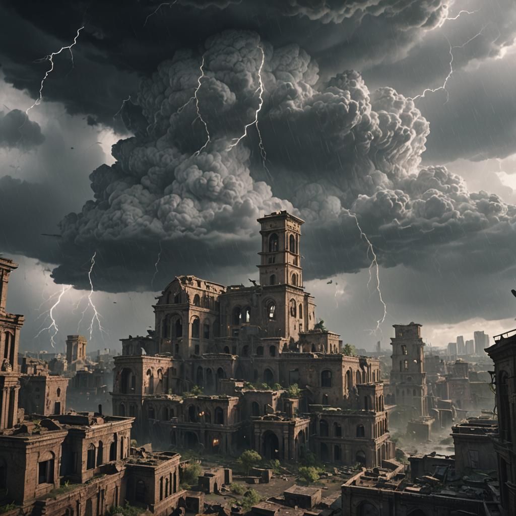 Ruined City Under Thunderstorm, 3D Game Cinematic