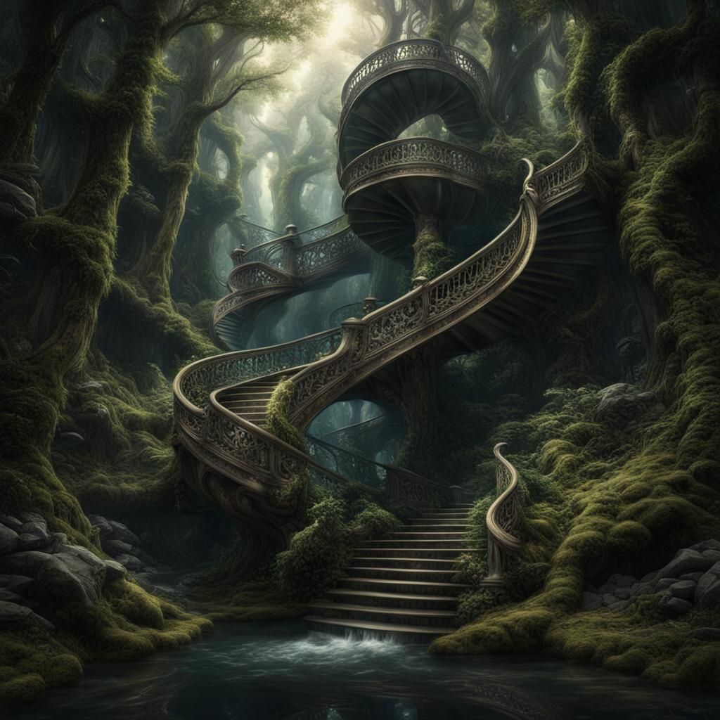 Spiral Forest Water Staircase: Digital Matte Painting