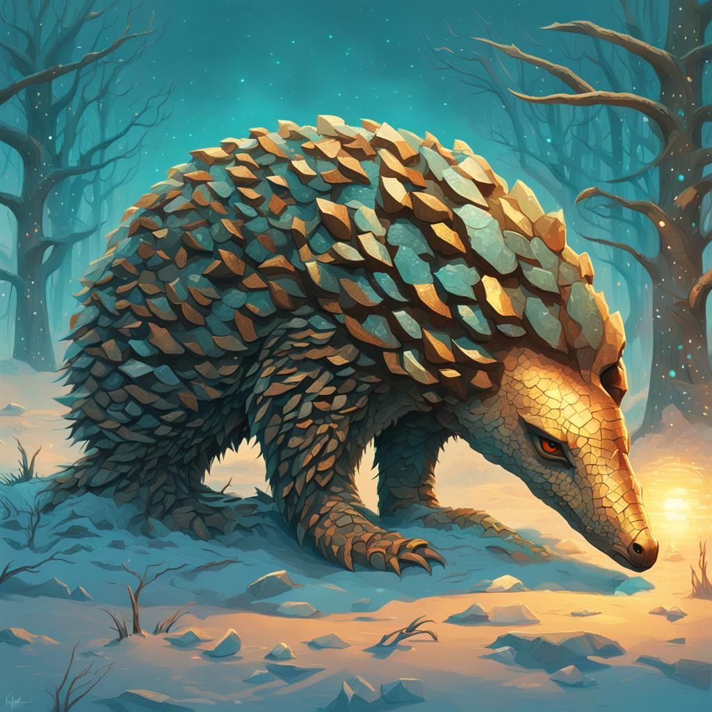 Icy Metallic Pangolin in a Mystical Landscape