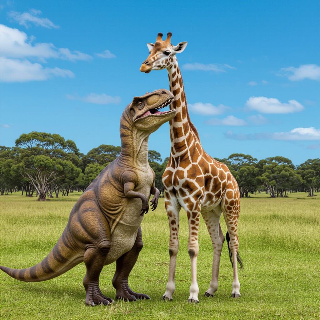 Dinosaur Hugs Giraffe in Whimsical Art Style