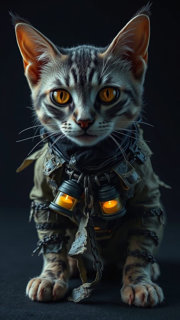 Gothpunk Cat in Barbed Wire and Duct Tape Attire