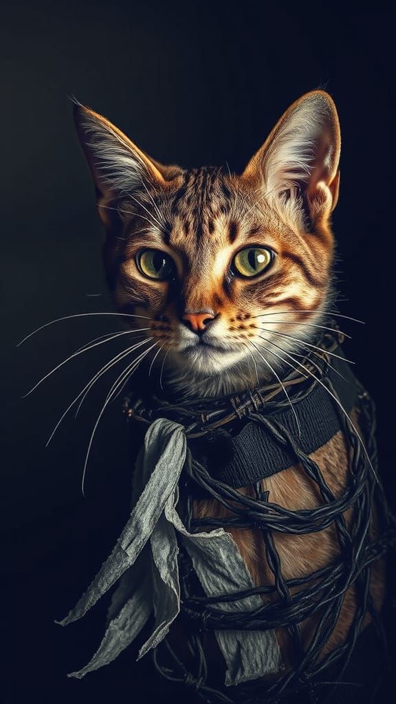 Grunge Gothpunk Cat in Barbed Wire and Duct Tape Attire