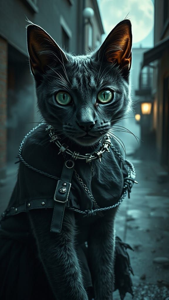 Mystical Barbed Wire Cat in Moonlit Noir Alleyway