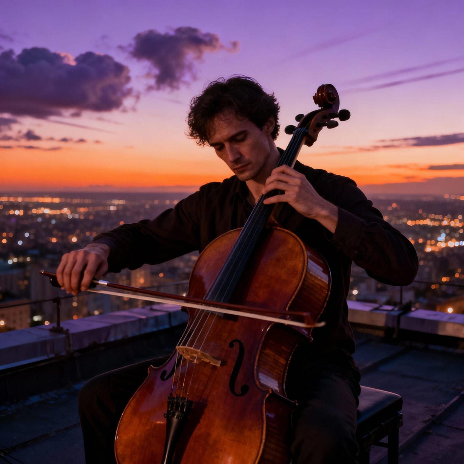 Cellist on Rooftop at Dawn Over Cityscape