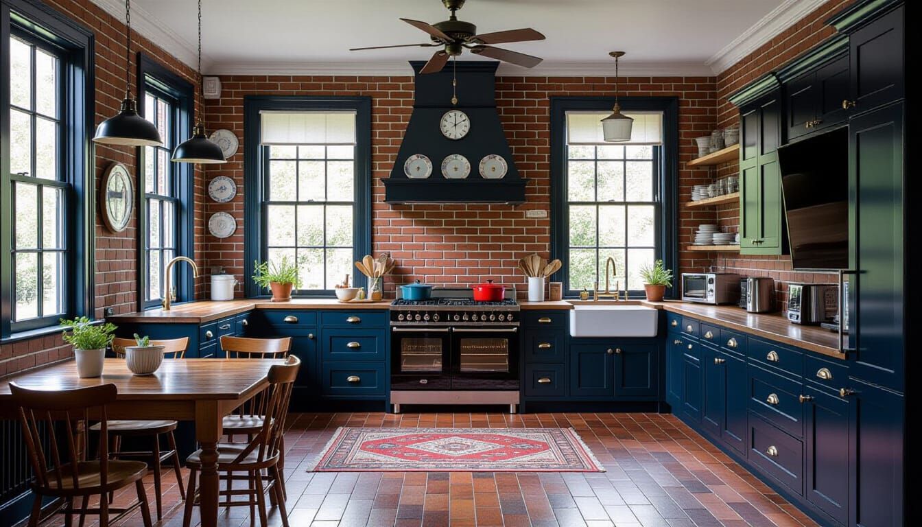 Victorian Kitchen with Modern Appliances in Deep Blues