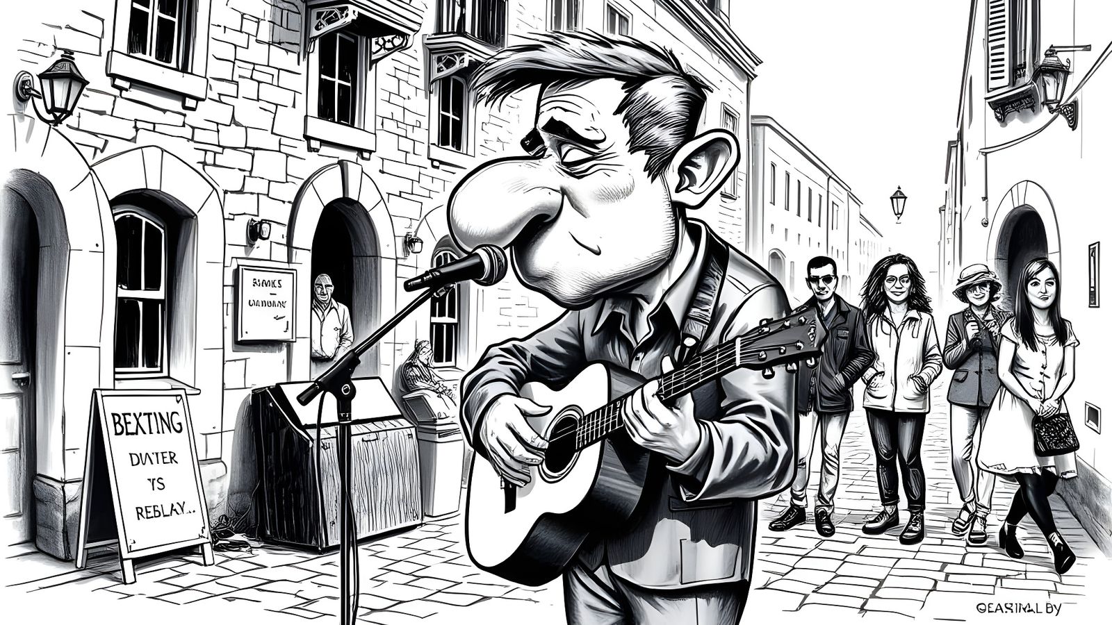 Caricature of Singer Performing on Cobblestone Street