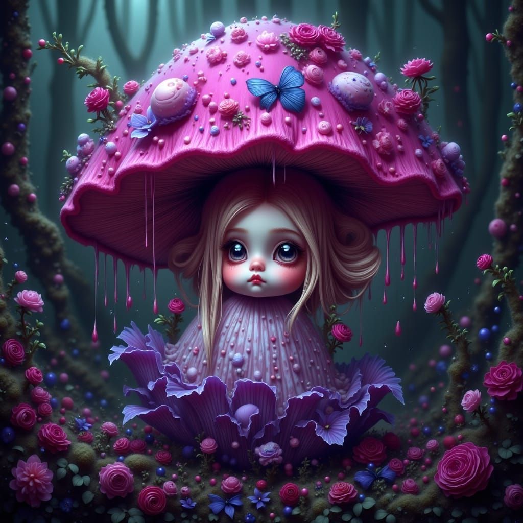 Gothic Alice Emerges from Magical Mushroom in Digital Oil Pa...