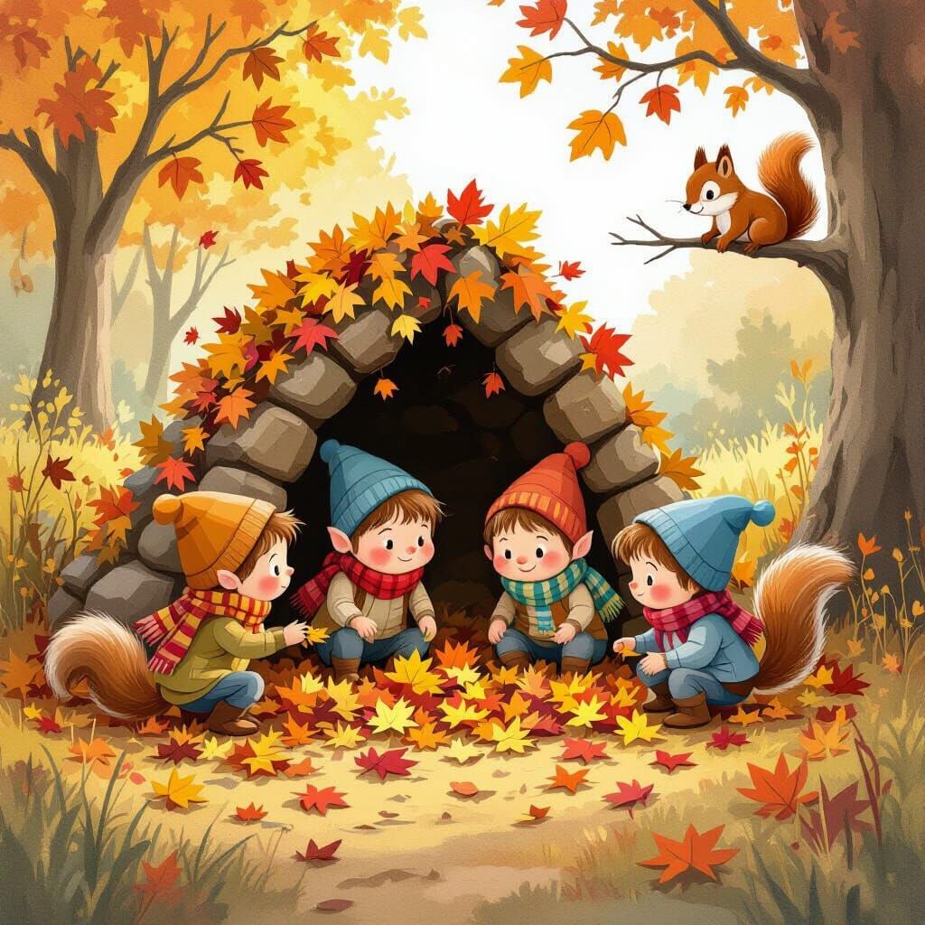 Hobbits Building Leaf Fort with Squirrel