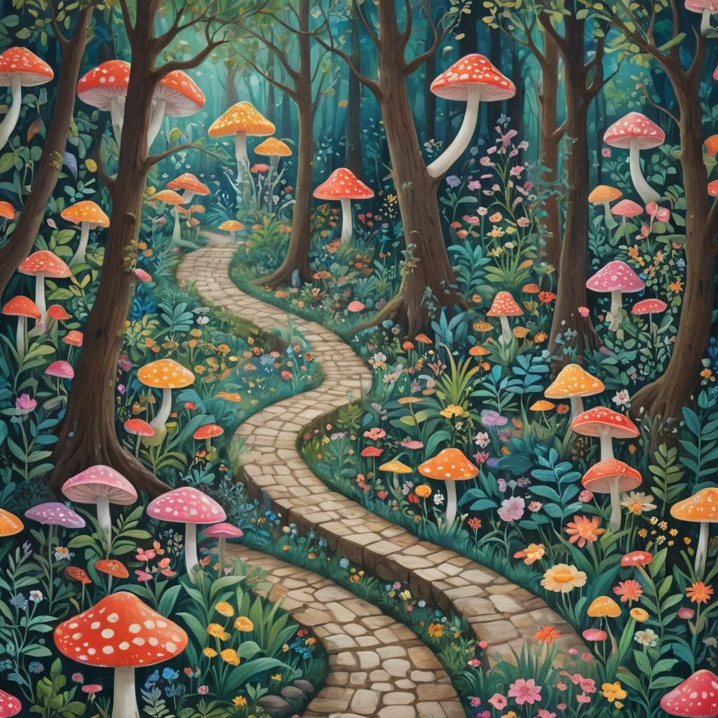 Art by Mary Blair and Hayao Miyazaki, vibrant chalk art of a whimsical forest pathway, blooming flowers, intricate leaf ...