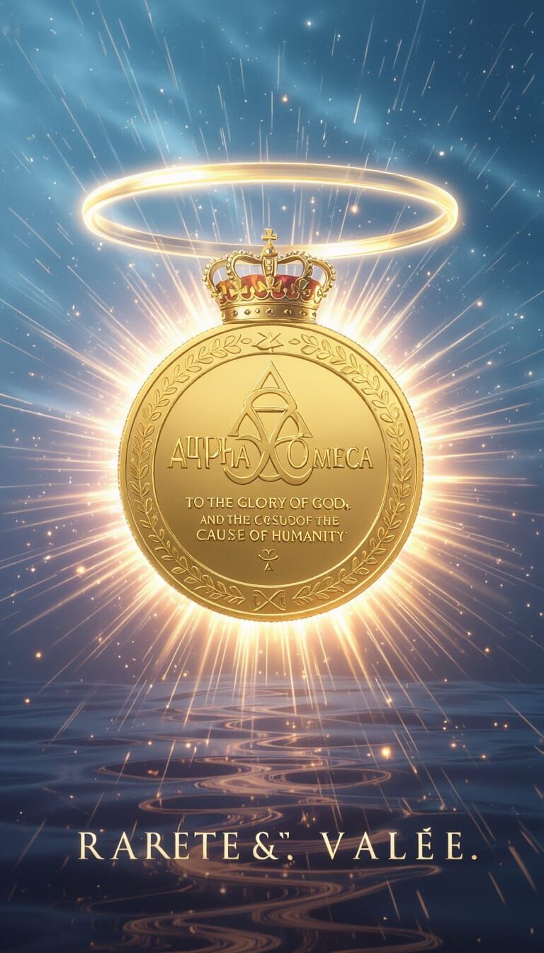 Golden Alpha Omega Coin in Dreamy Sci-Fi Style