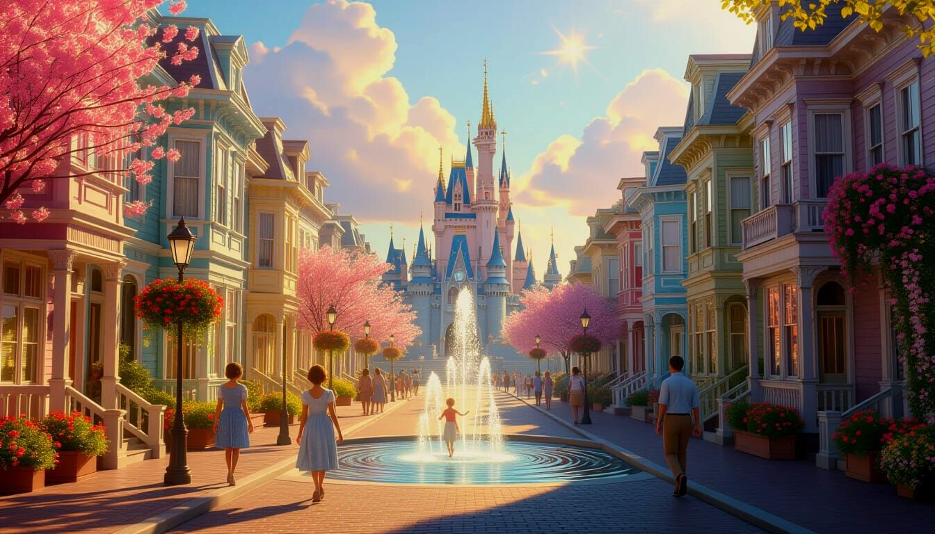 Vibrant Spring City Scene with Surreal Reflections