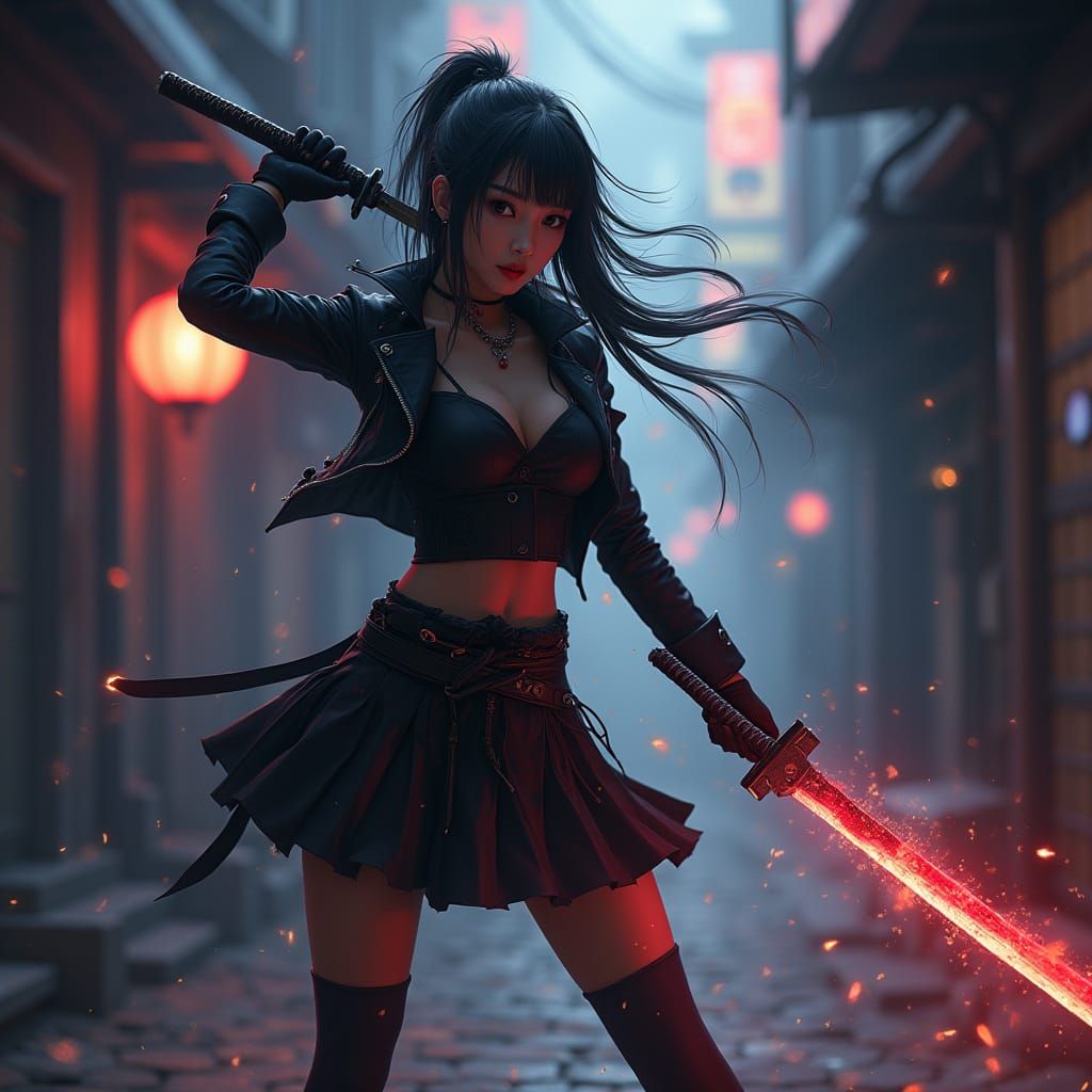 Futuristic Ninja Destroying Assassin in Neon Alleyway