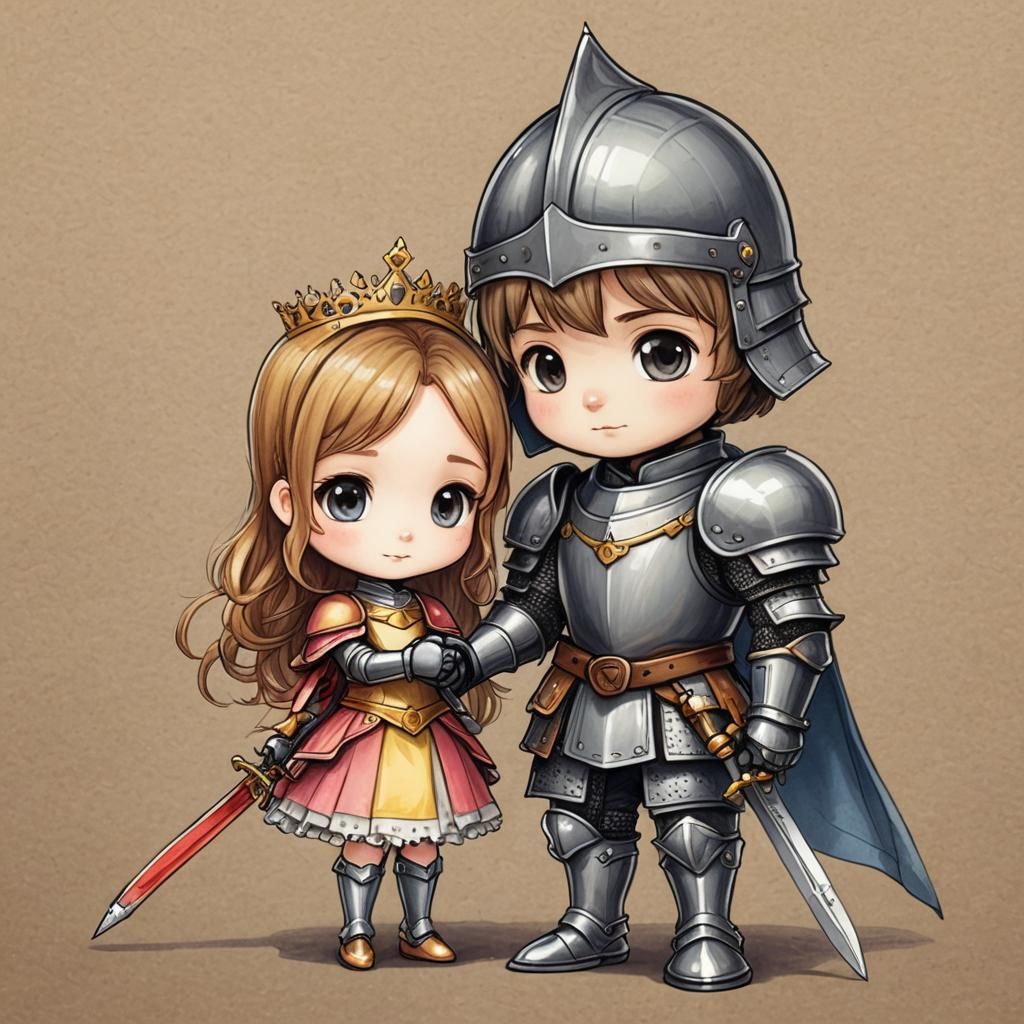Whimsical Chibi Knight Rescue in Kid's Drawing Style