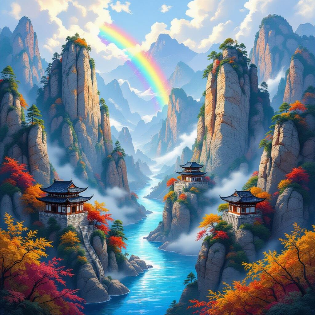 Majestic Korean Mountains Over Blue River With Rainbow
