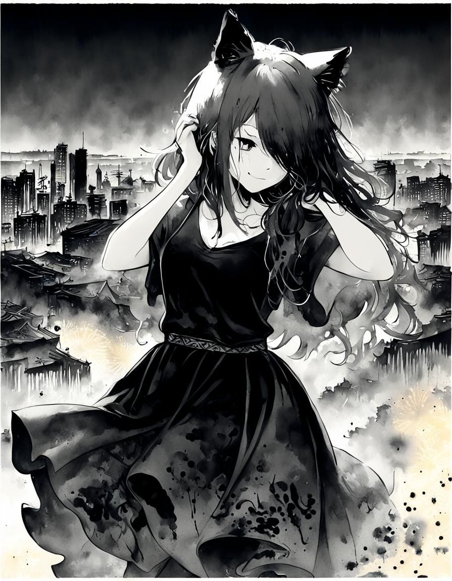 Catgirl Twirls in Chinese Ink Fireworks Scene