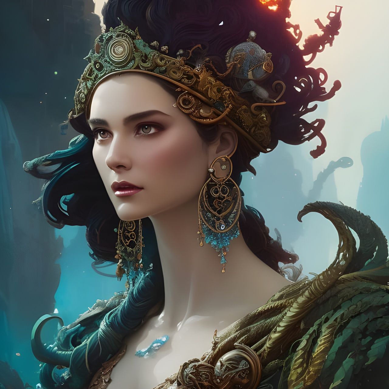 Ancient Water God Portrait in Watercolor Style