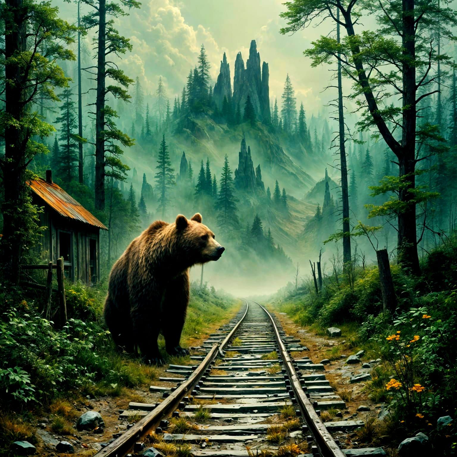 A lonely Grizzly Bear waiting for a train that will never ar...