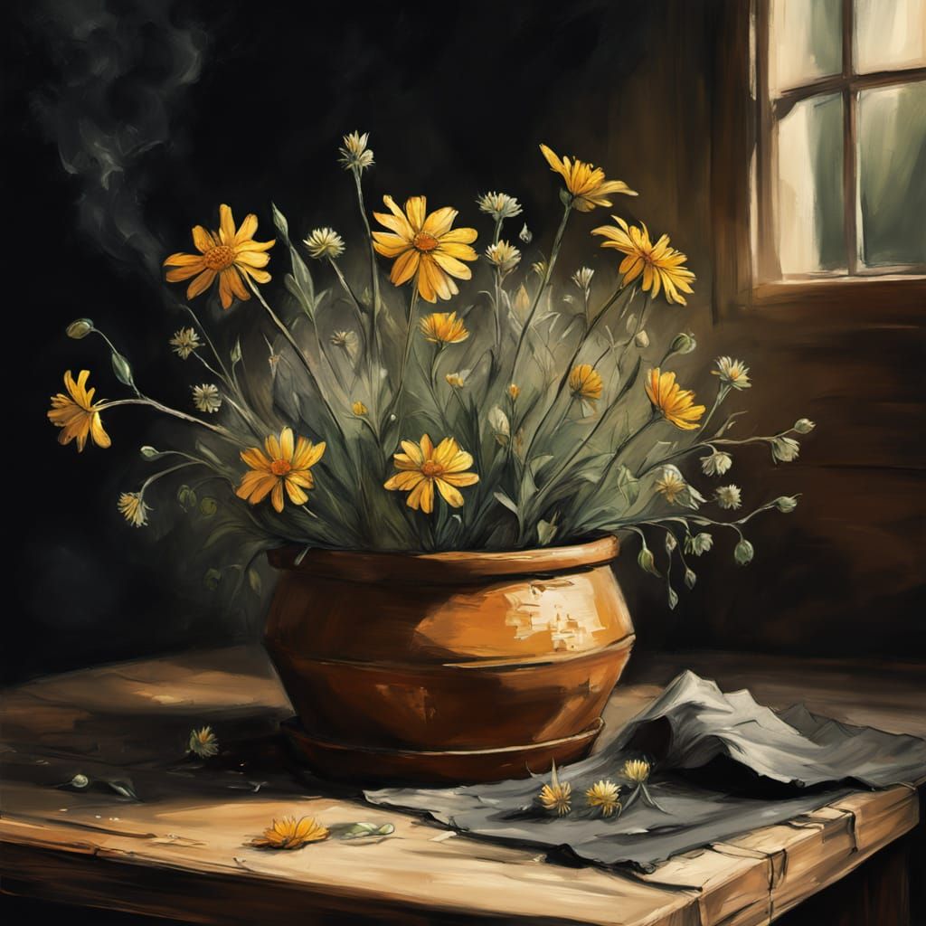 Charcoal Art of Wildflowers in a Rustic Clay Pot