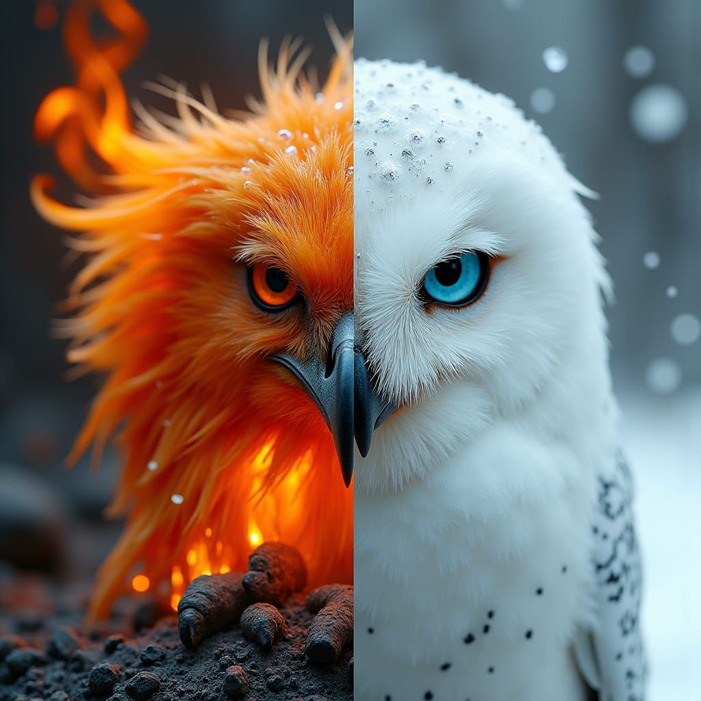 Phoenix and Snowy Owl in Contrasting Worlds