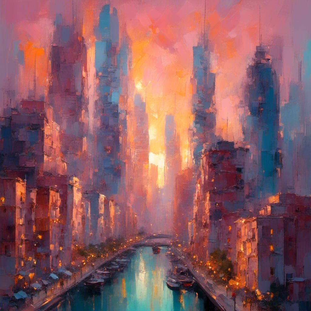 Coastal Cityscape at Sunset: Aerial Pastel Buildings