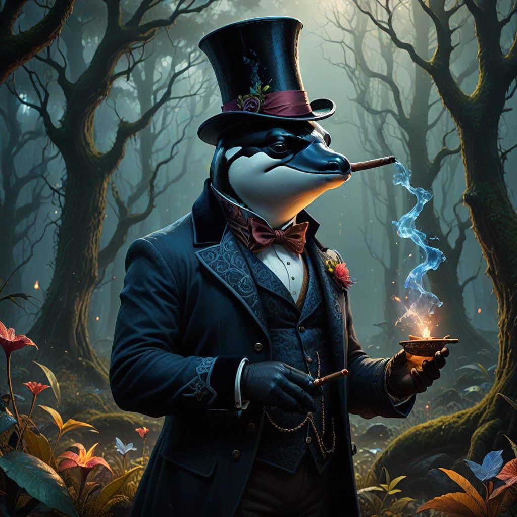 Ethereal Orca in Victorian Attire, Smoldering Cigar in Mysti...
