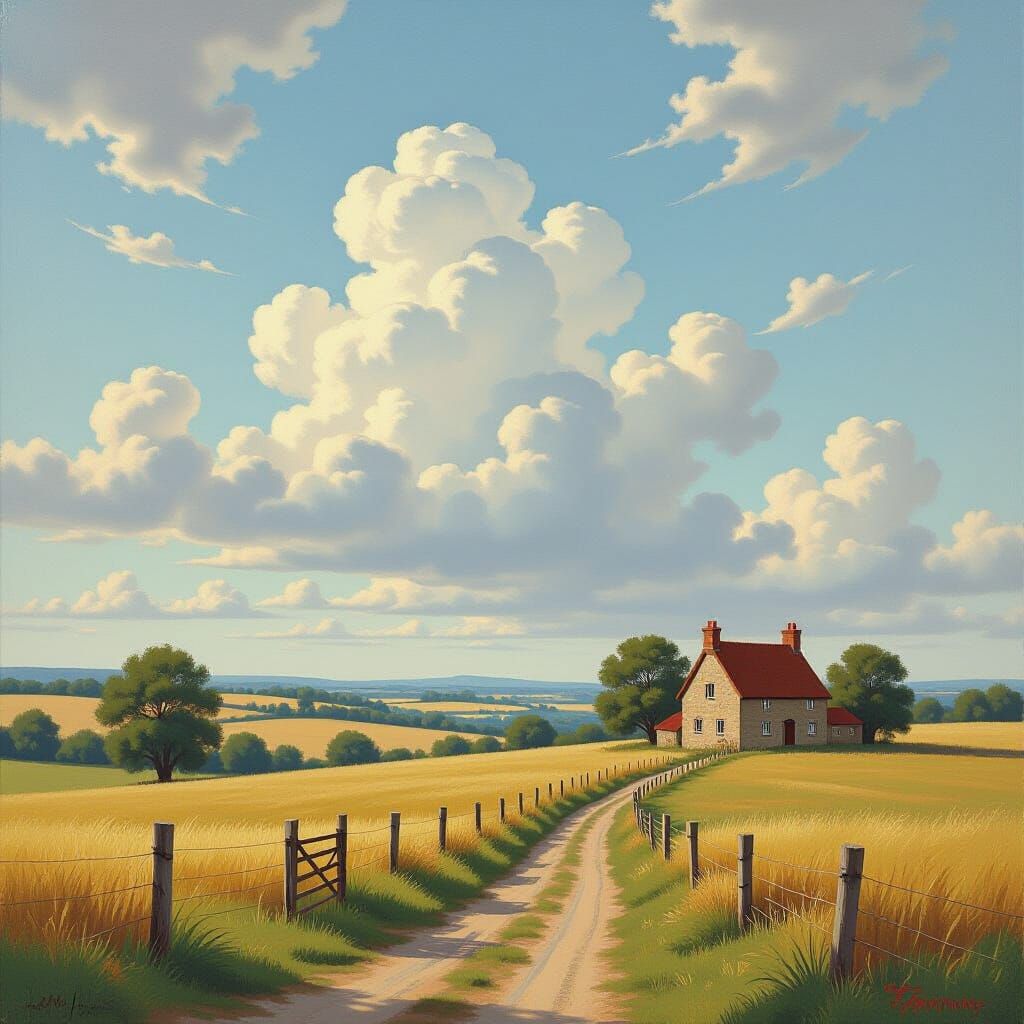 English Countryside Oil Painting Under Cloudy Sky