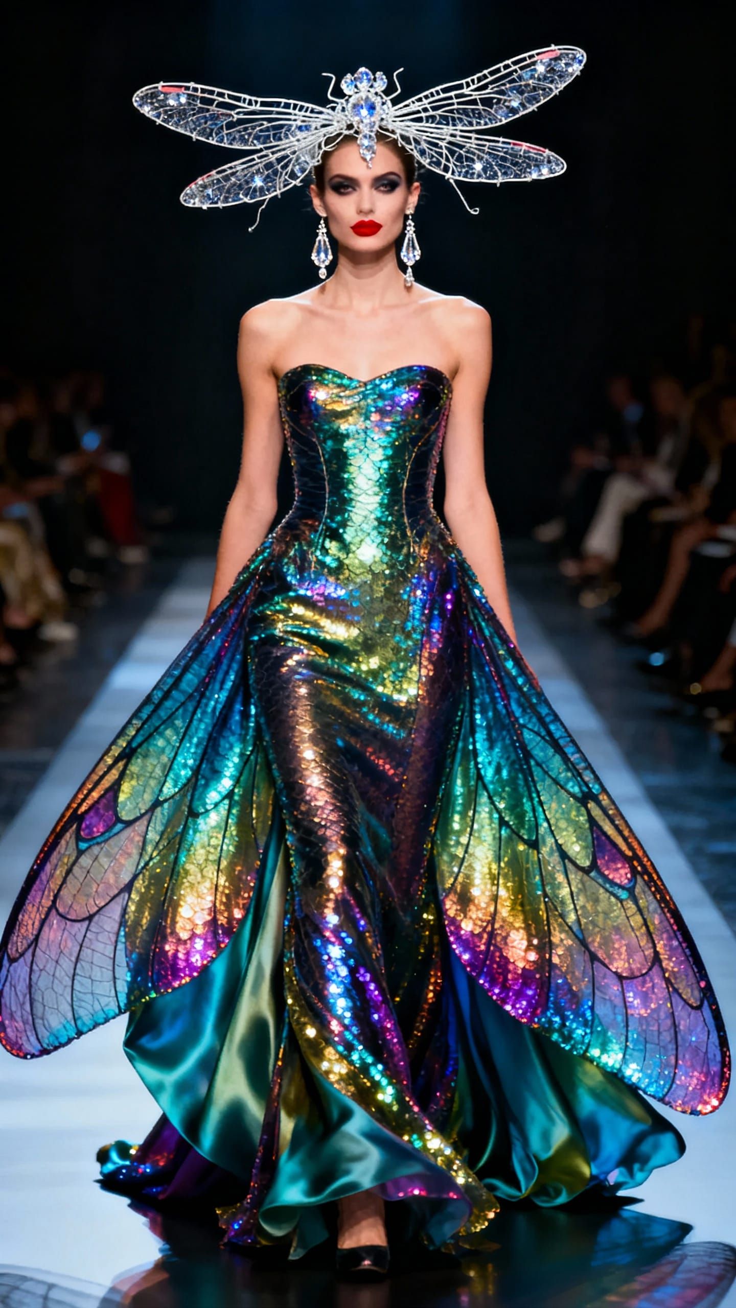 Model in Iridescent Dragonfly Gown on Runway