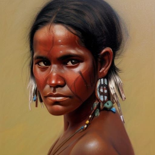Portrait of Beautiful Aboriginal Woman in Oil Paint