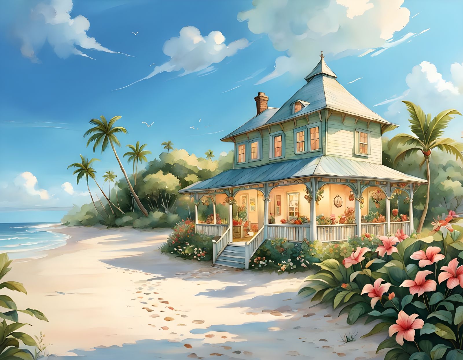 Whimsical Beachside Cottage in Vibrant Watercolor