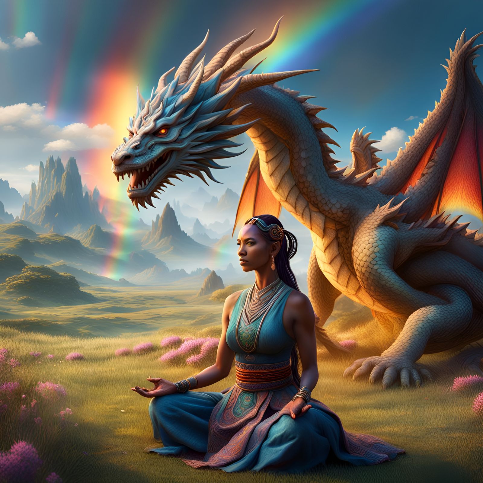 Meditating Woman with Rainbow Dragon in Meadow