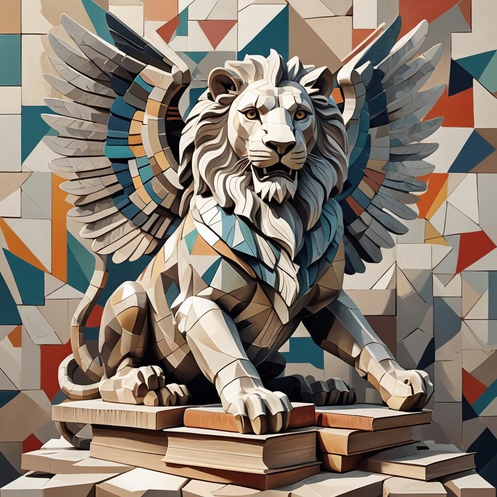 Cubist Winged Lion Ceramic Statue in Picasso Style