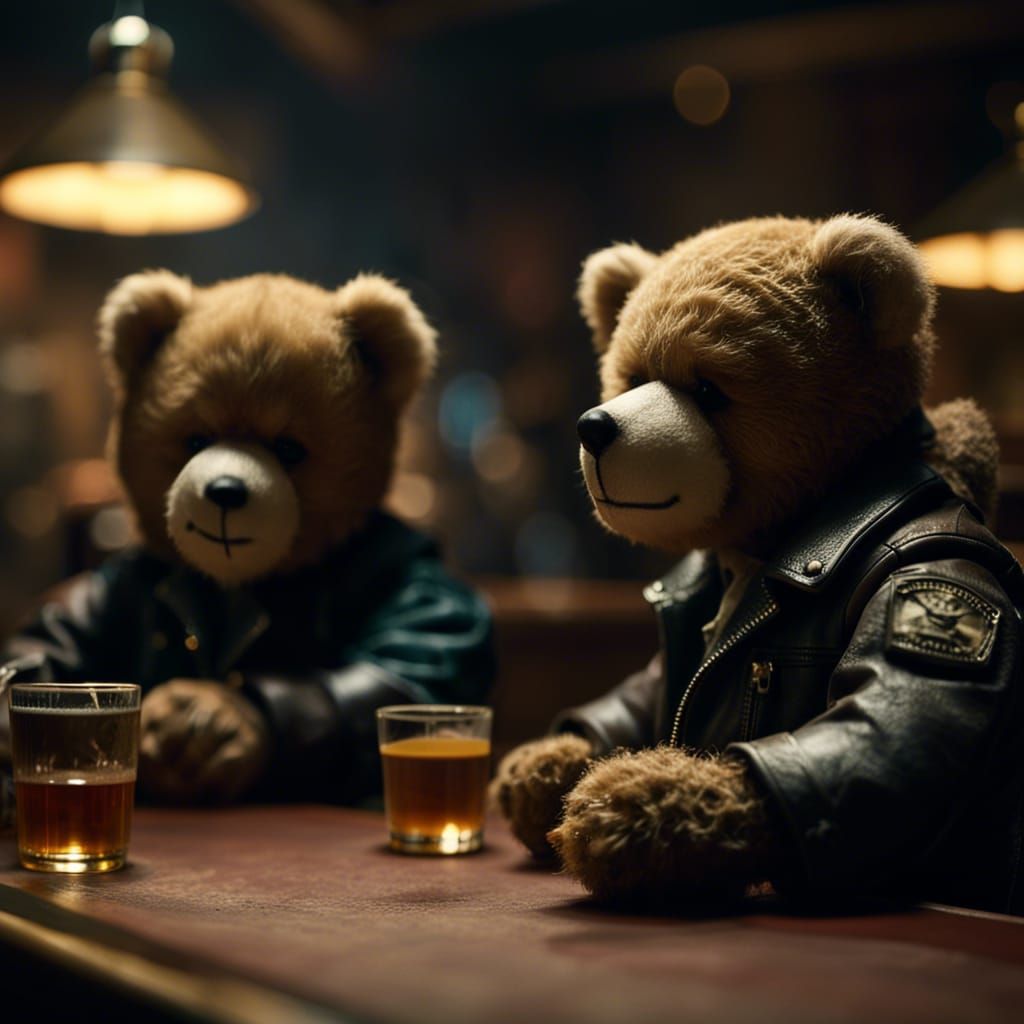 Biker Teddy Bears Play Billiards in Tavern