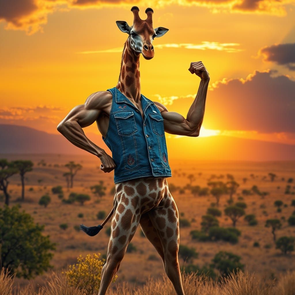 Heroic Giraffe Flexing in Savanna Landscape