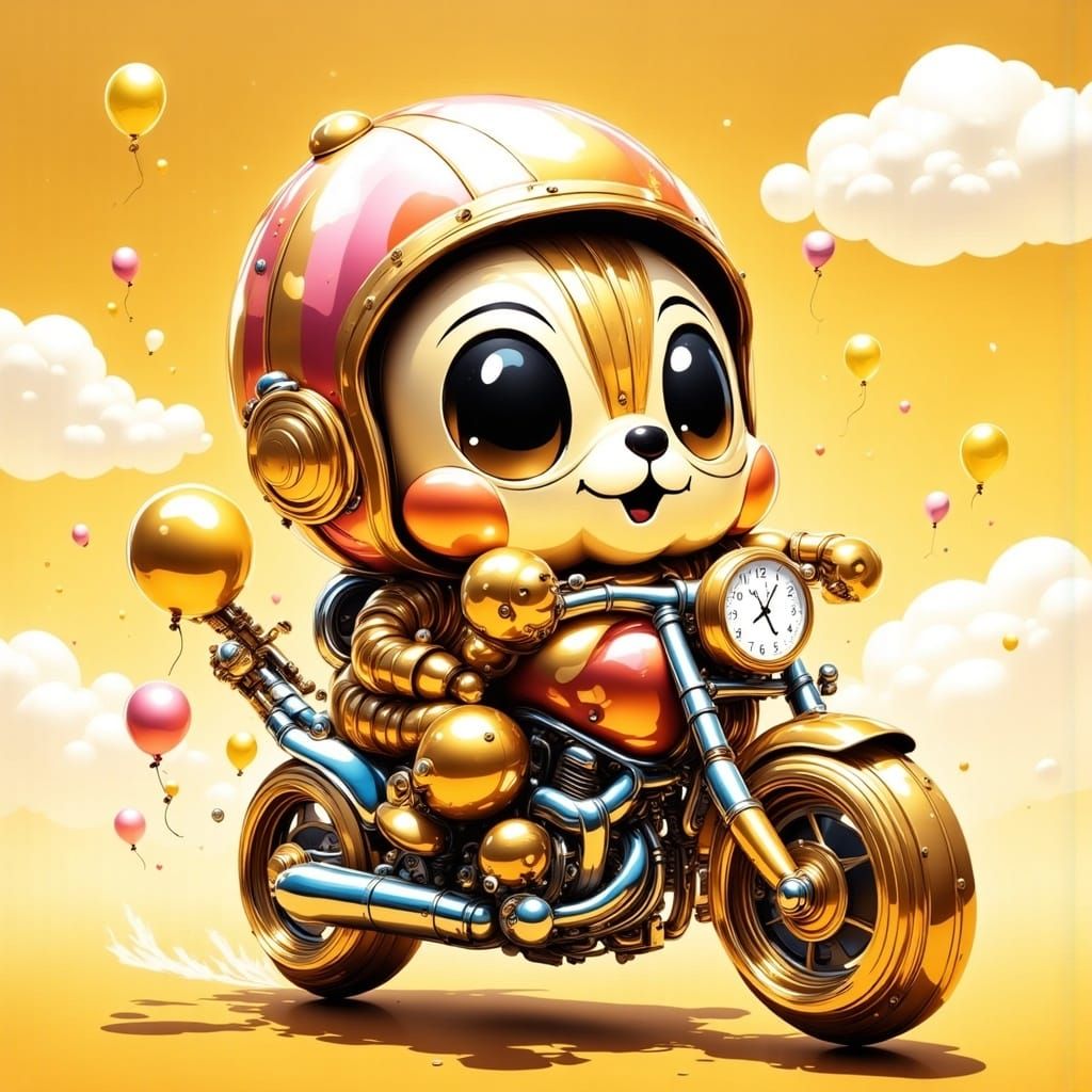 Whimsical Creature Rides Motorcycle in Vibrant, Sunny Scene