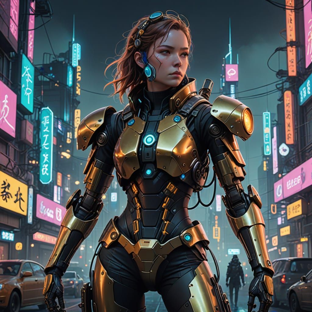 Cyberpunk Goddess in Brass Exosuit Reigns Over Dystopian Met...