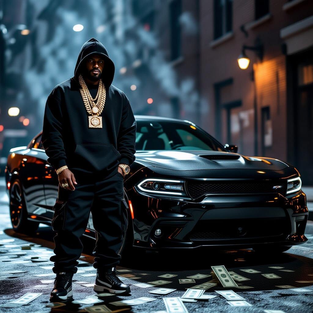 Rapper with Gold Chains Poses by Charger, Money on Ground