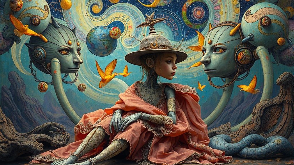 Folkloric Robot in Vibrant, Ethereal Landscape