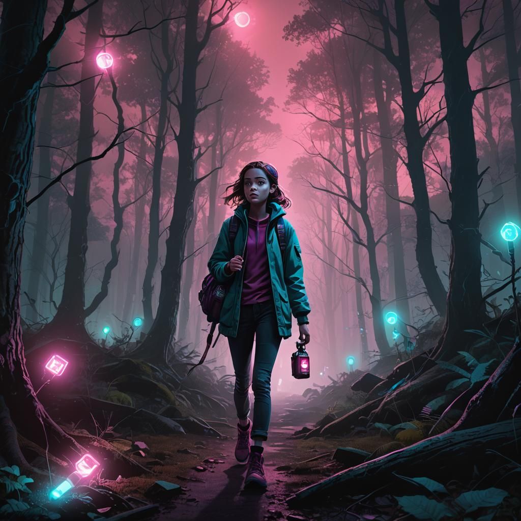 Girl in Eerie Forest: Retro-Futuristic Concept Art