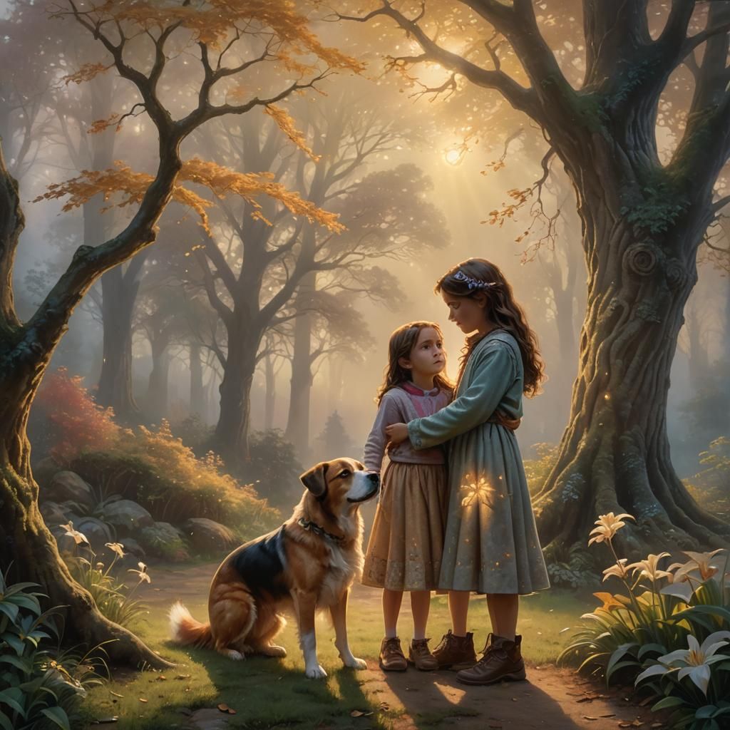 Loyal Dog Comforts Girl in Ethereal Forest
