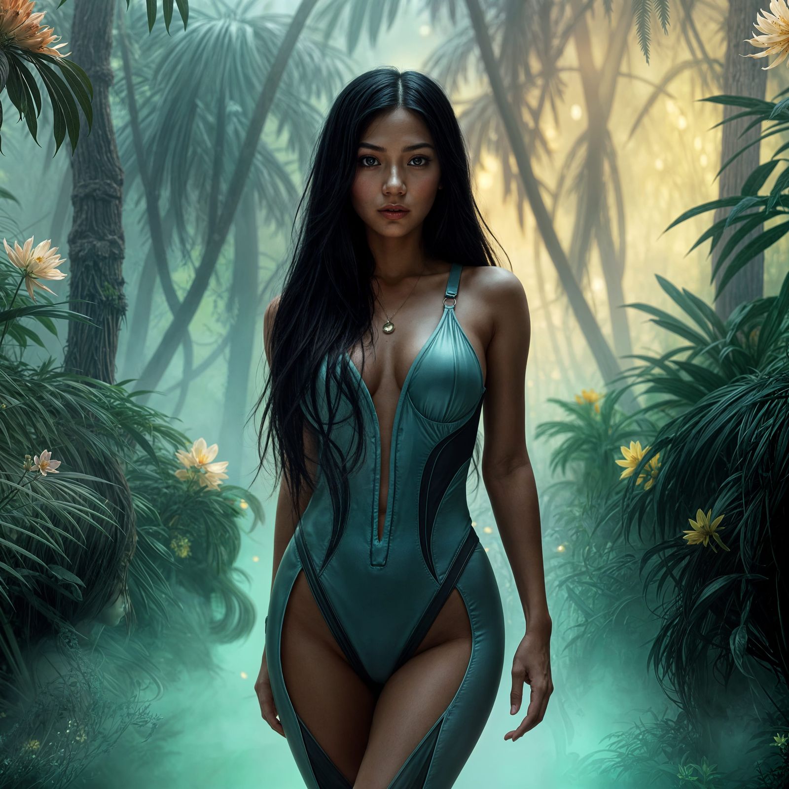 Filipina Woman in Bioluminescent Forest, Art Nouveau Style