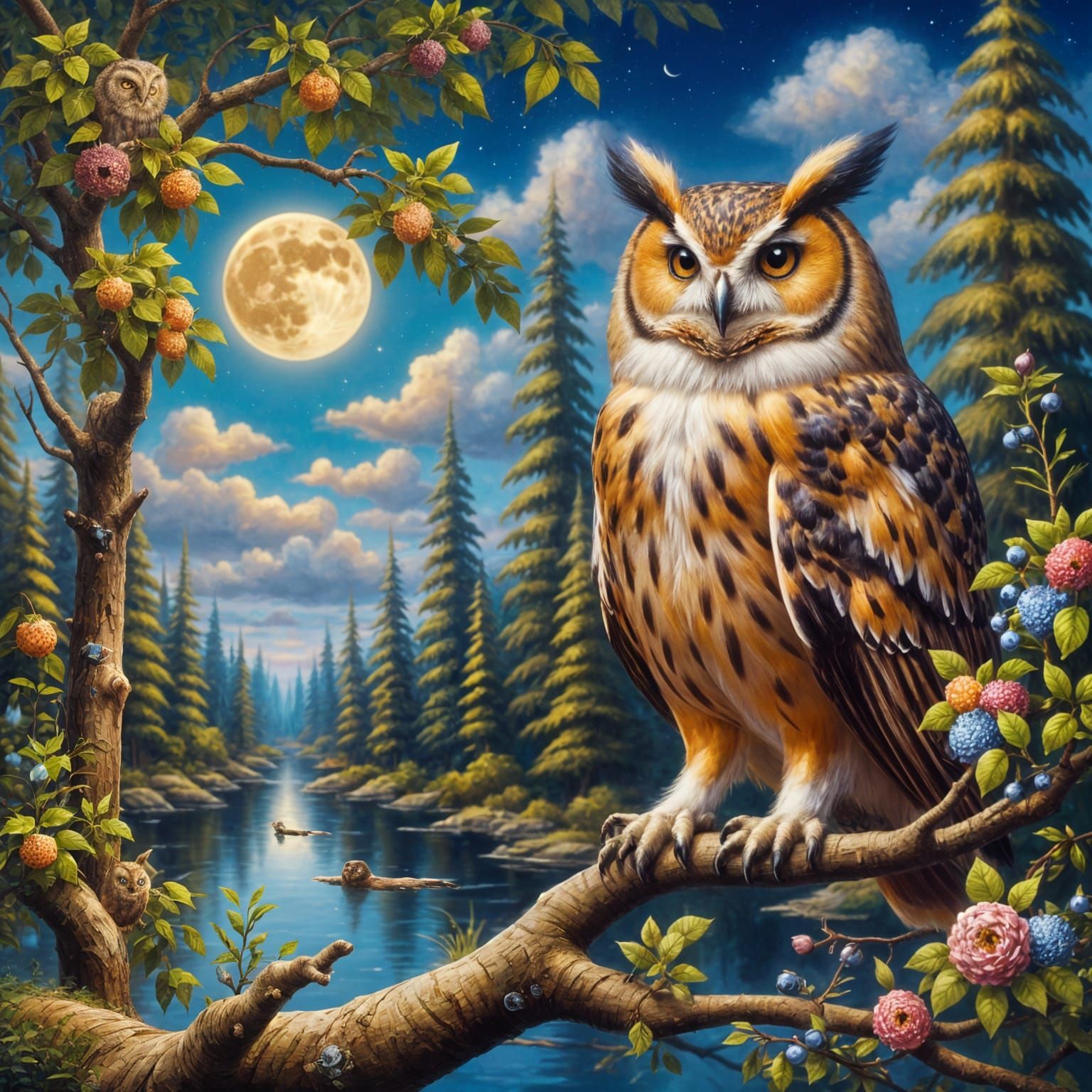 Owl Under Moon in Luminist Style