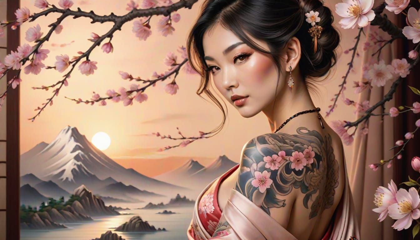 Japanese Irezumi Art with Rabbit and Cherry Blossoms