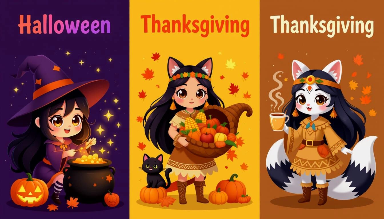 Anime Triptych: Halloween, Thanksgiving, Christmas Kitsune C...