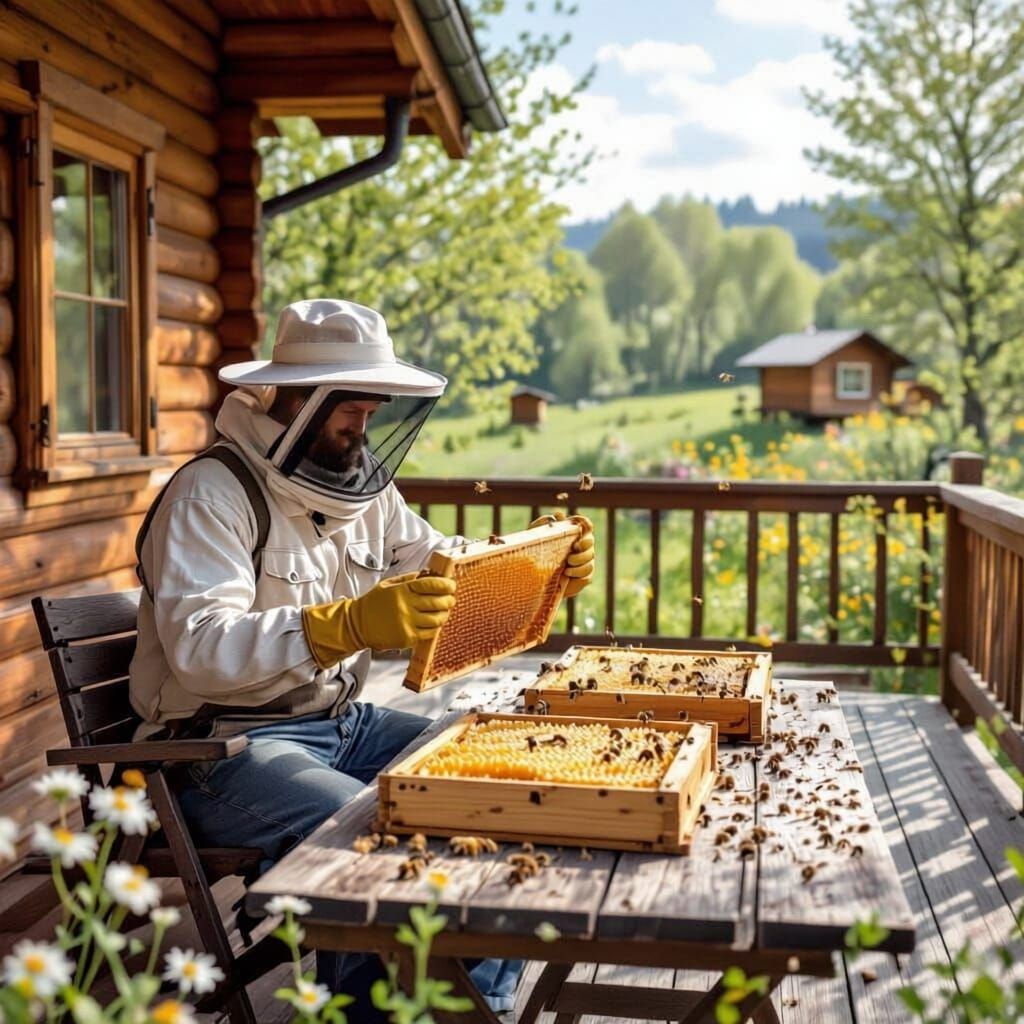 Beekeeper Holds Honeycomb by Wooden Cabin in May Sunlight