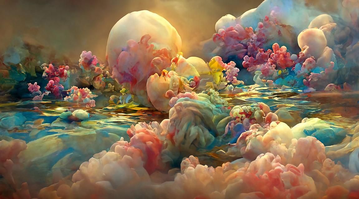 Iridescent Dreamscape Reflection as Psychedelic Watercolor P...